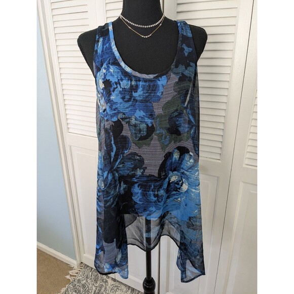 Express Top Womens L Blue Floral Watercolor Sheer Racerback Blouse Tank Coverup - Picture 1 of 12